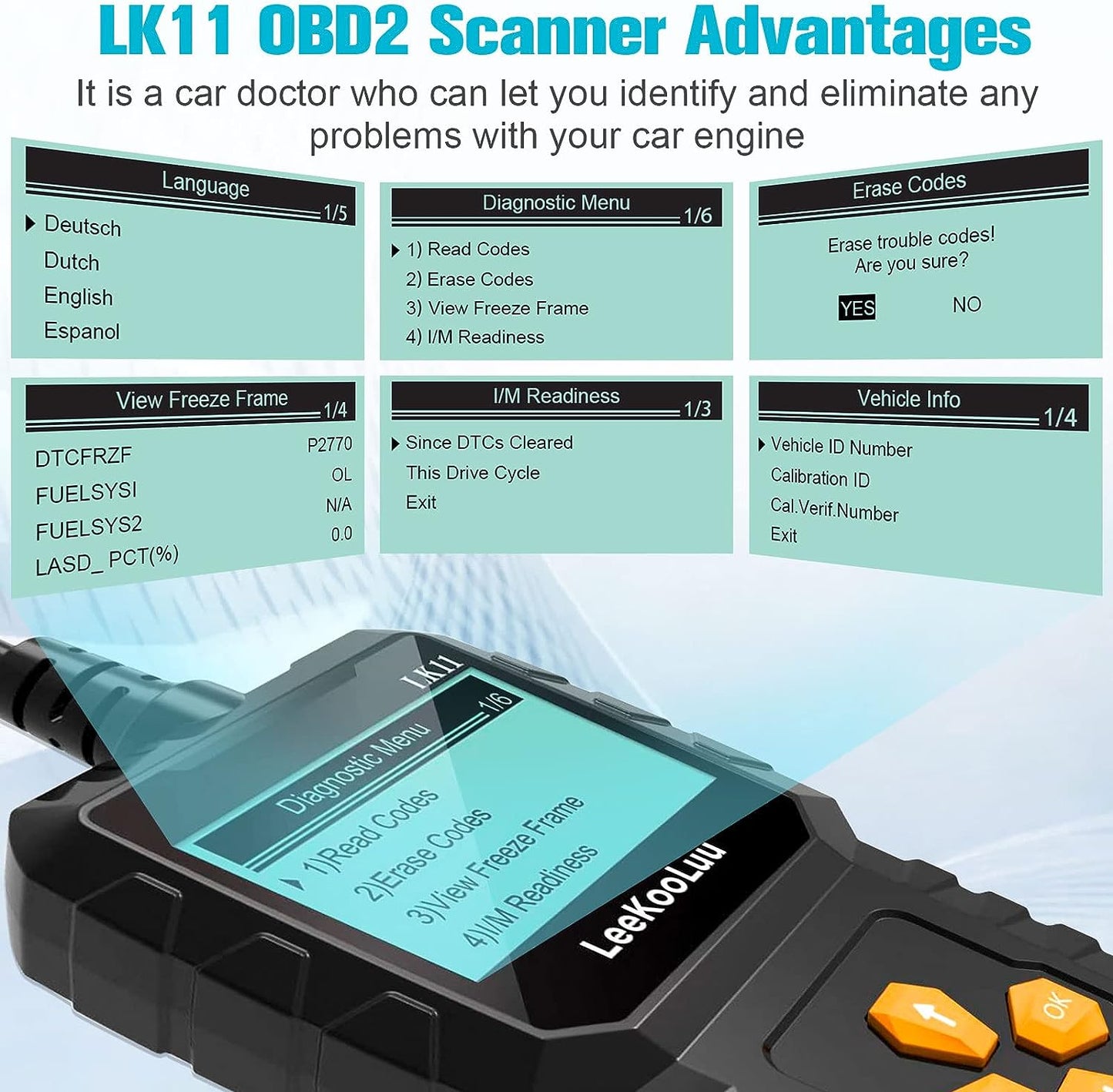 OBD2 Scanner Clear Reset Engine Alert Code - Easy to Set-up Use Professional Code Reader Scan Tool for All OBD II Protocol Cars Since 1996 with Freeze Frame/I/M Readiness Diagnostic -LeeKooLuu LK11