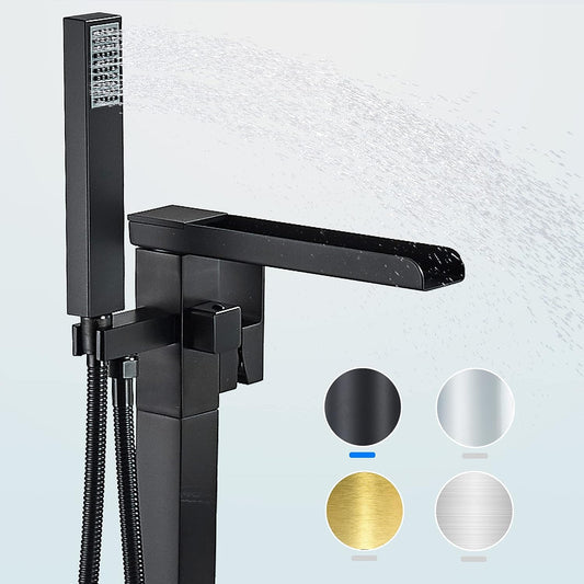 Freestanding Tub Faucet, Free Standing Tub Filler Matte Black, Single Handle Stand Alone Brass Bathtub Faucet with Hand Held Shower and Swivel Waterfall Mixer Spout Floor Mount