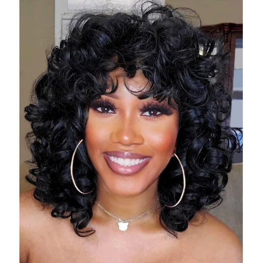 Short Curly Wigs for Black Women Soft Black Big Curly Wig with Bangs Afro Kinky Curls Heat Resistant Natural Looking Synthetic Wig for African American Women (Big Curly)