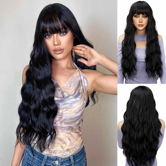 Black Wig with Bangs 26 Inch Long Wavy Wigs for Women Heat Resistant Synthetic Fiber Cosplay Halloween Daily Party Wigs (Black)