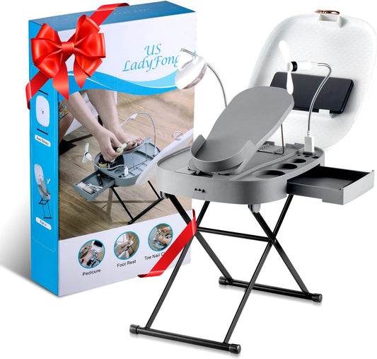 Pedicure Foot Rest with LED Magnifier Drying Fan The Pedicure Tools for Easy at-Home Pedicures Adjustable Pedicure Stool, Non-Slip Sturdy Legs & Built-in Storage Mother's Day Gift