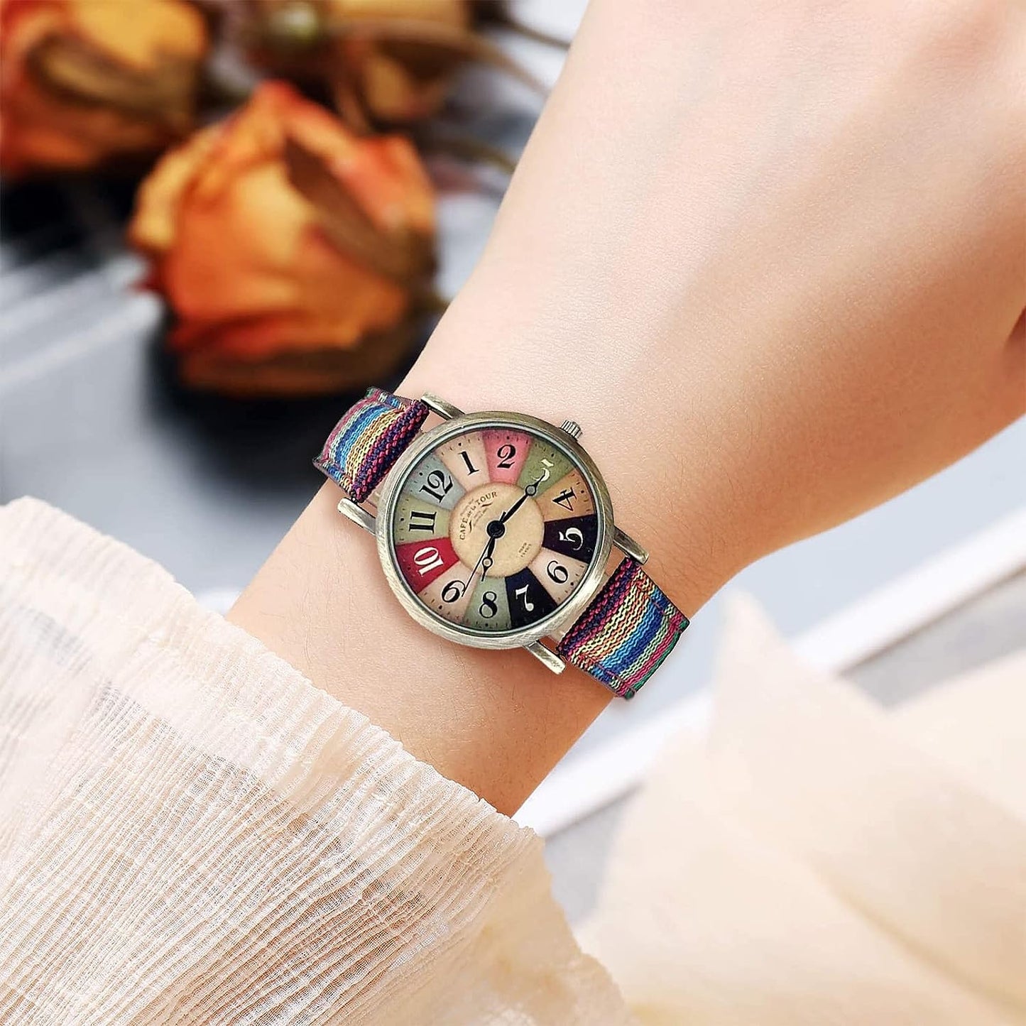 Women's Fabric Leather Vintage Metal Gold Tone Watch,Watches for Women with Multicolour Rainbow Pattern Leather Best Valentine's Day Mother's Day Gift