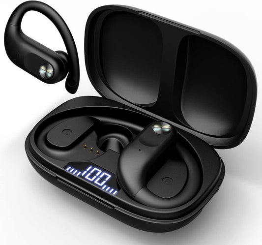 Wireless Earbuds 48H Playback Bluetooth Headphones Earbuds with Wireless Charging Case and Earhooks Over Ear Waterproof Earphones with Mic for Sports Running Workout iOS Android Phone Laptop Black