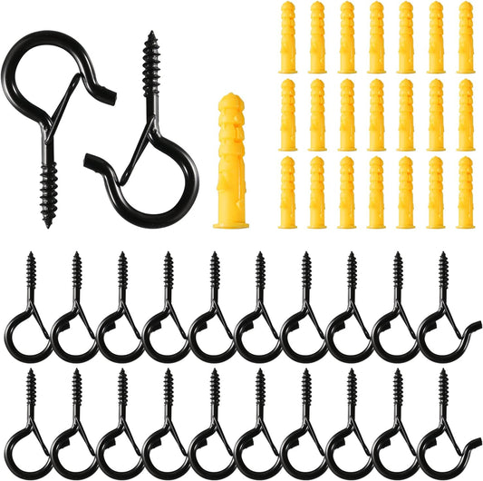 Q-Hanger Hook with Safety Buckle Design,22 Pcs Screw Hooks for Outdoor String Lights,Heavy Duty Screw-in Hooks, Ceiling Hooks for Hanging Plant,Wind Chime,Keys，Christmas Decorate(Black)