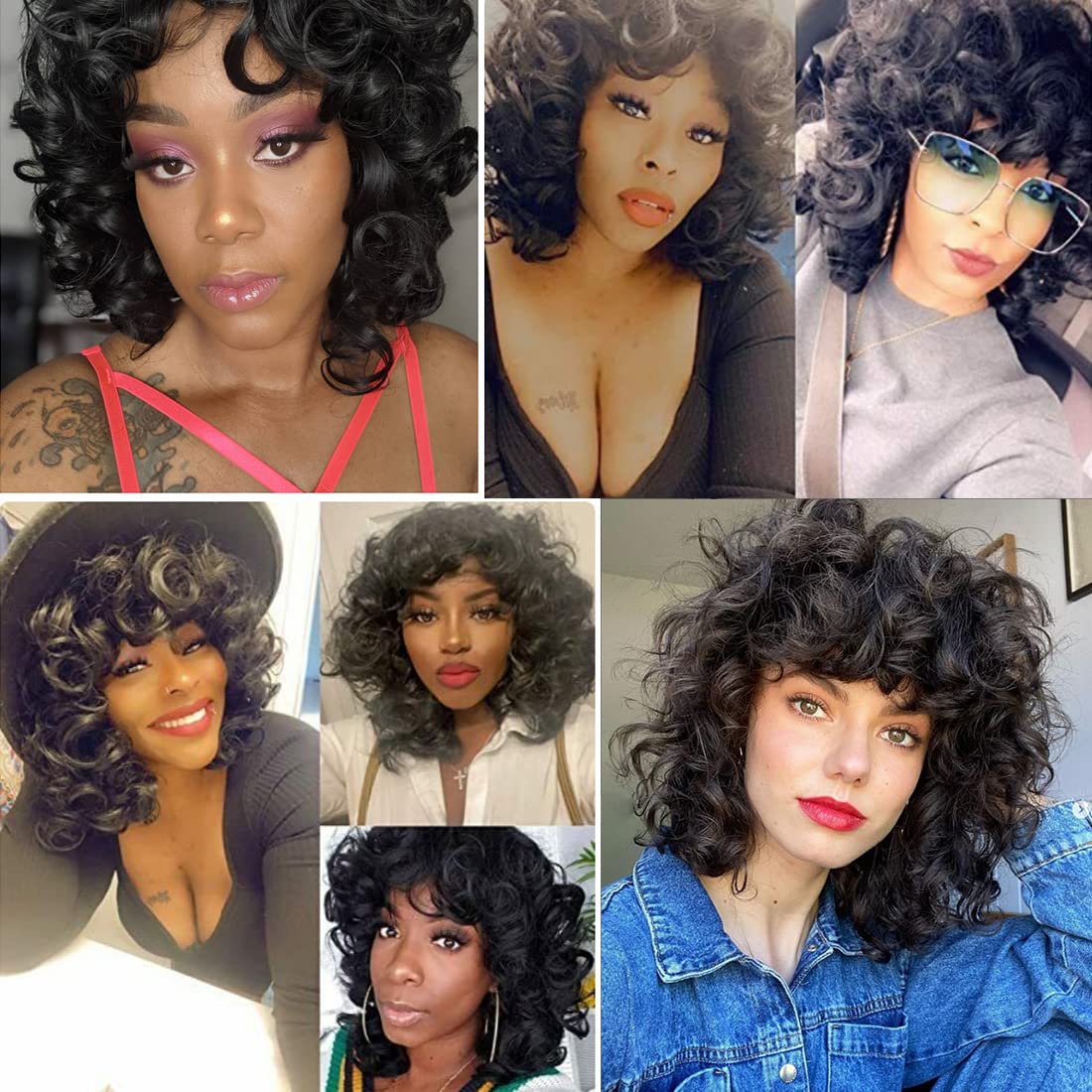 Short Curly Wigs for Black Women Soft Black Big Curly Wig with Bangs Afro Kinky Curls Heat Resistant Natural Looking Synthetic Wig for African American Women (Big Curly)