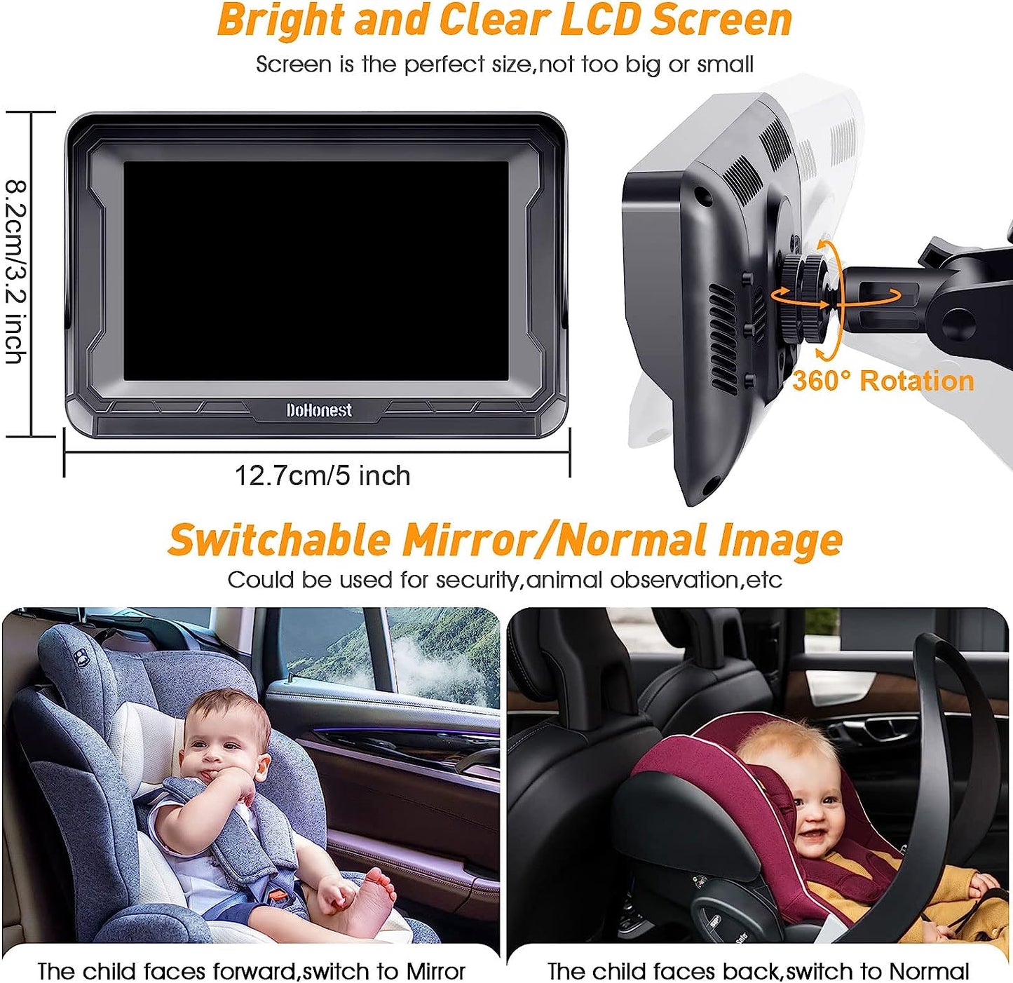 Baby Car Camera HD 1080P - 360° Rotating Rear Facing Car Baby Monitor with Camera Crystal Night Vision Backseat Camera 3 Mins Easy Installation V33