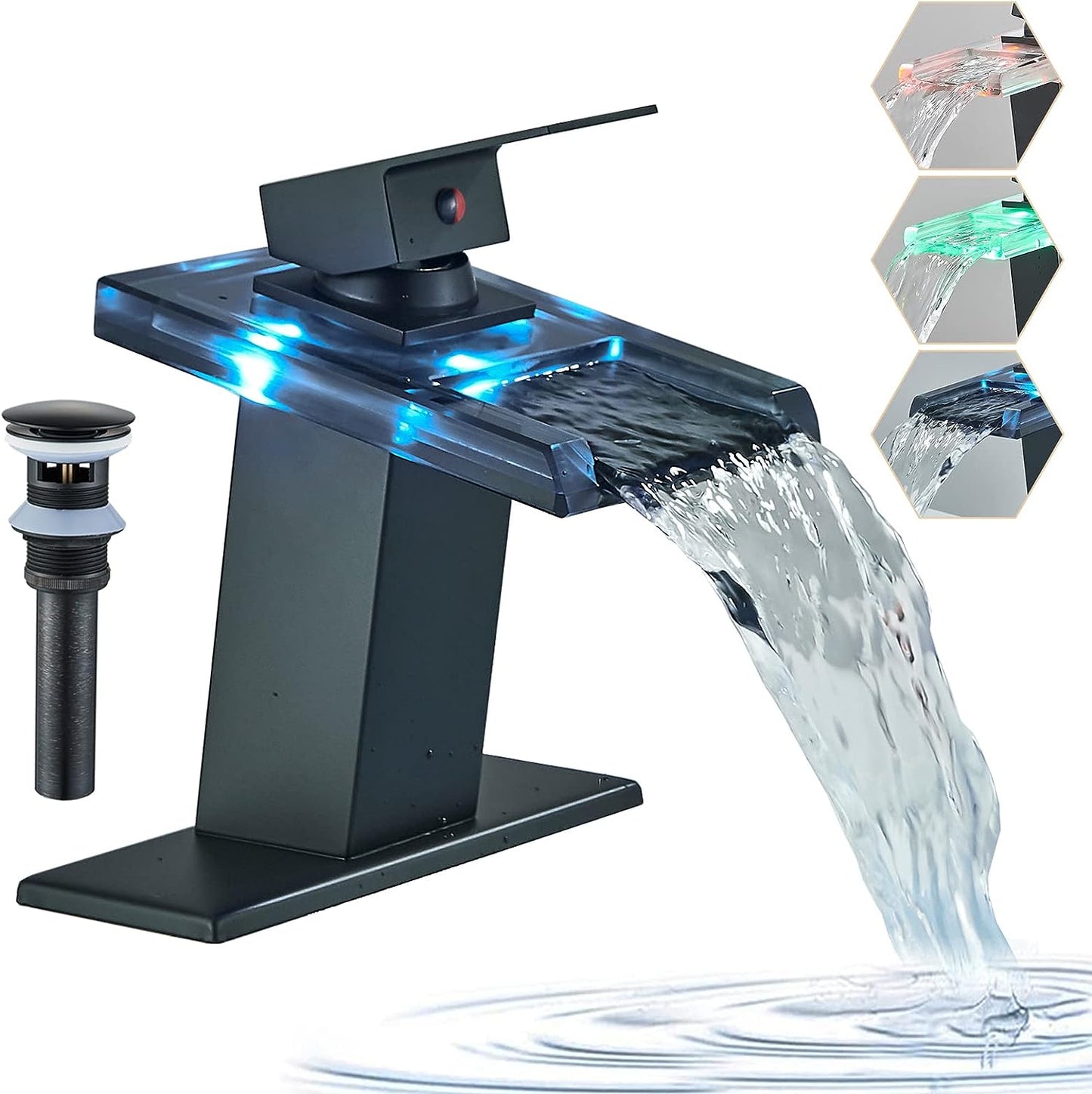LED Bathroom Sink Faucet, Matte Black Bathroom Faucet Single Handle Waterfall Glass Spout Vanity RV Bathroom Faucets for Sink 1 Hole with Pop Up Drain and Water Supply Lines