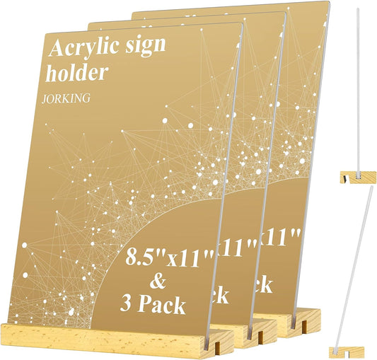 Upgrade Acrylic Sign Holder 8.5x11 Inch Clear Plastic Stand Sign Holder T & L Shape Paper Display Table Wood Stand for Restaurant, Office, Exhibition, Store (3 Pack)