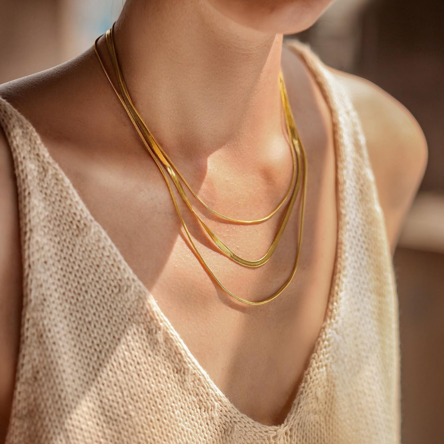 14K Gold Plated Triple Layers Ladies Necklace, Fashion Gold Double Layers Chain, Ladies Pendant Necklace, Silver Snake Chain Long Choker Necklace, Delicate Chain Ladies Necklace, Girls Gift Jewelry