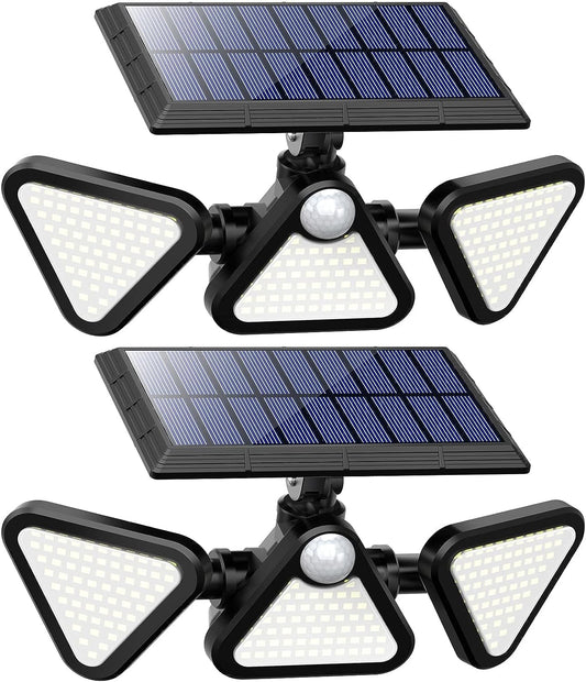 Solar Lights for Outside, 180LED 6500K Motion Sensor Outdoor Lights, IP65 Waterproof 3 Heads 270° Wide Lighting Angle, Solar Security LED Flood Lights Outdoor for Garage Yard Patio, 2Pack