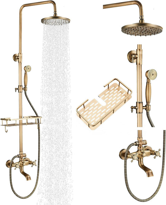 Gmusre Antique Brass Shower Fixture Bathroom Shower Faucet Set 8 Inch Rainfall Shower Head Handled Shower Waterfall Tub Spout Wall Mounted Outdoor Shower System with Shower Shelf