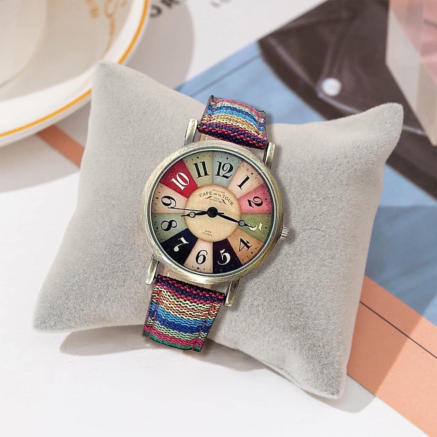 Women's Fabric Leather Vintage Metal Gold Tone Watch,Watches for Women with Multicolour Rainbow Pattern Leather Best Valentine's Day Mother's Day Gift