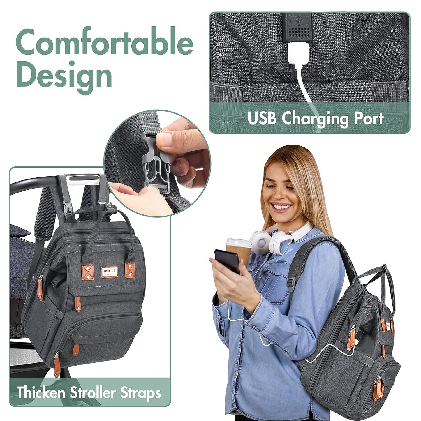 HOBEST Diaper Bag Backpack, Multifunction Large Travel Diaper Bag with Changing Pad and USB Charging Port for Moms Dads, Waterproof Unisex Baby Bag for Boys Girls, Baby Registry Search Shower Gifts