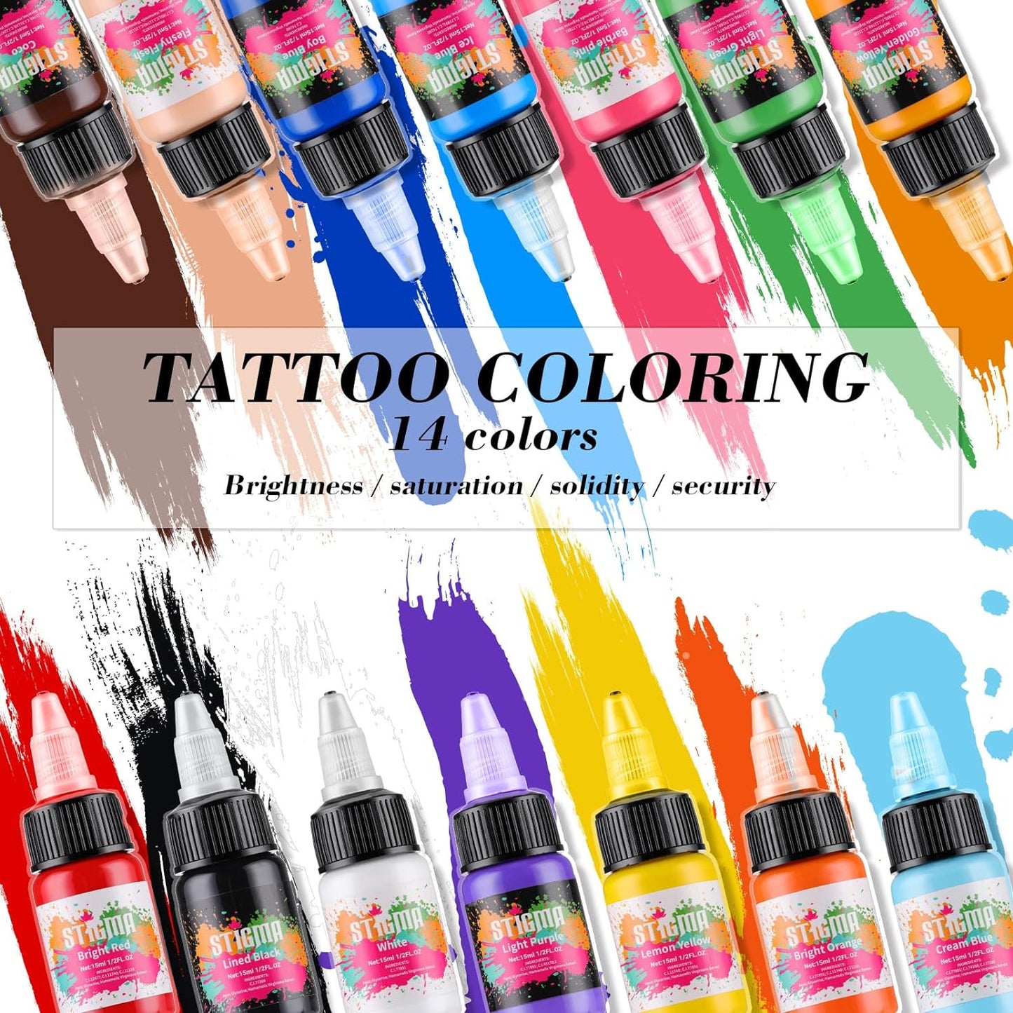 14Pcs Tattoo Ink Color Set 14 Colors Ink Set 1/2 OZ(15ml) per Bottle Tattoo Pigments Colors for Tattoo Supply TI4303-15-14