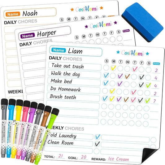 Magnetic Reward Chores Chart Dry Erase Whiteboard Set for Multiple Kids Daily To-Do (10"x10")- 3 Pcs of Behavior Chart & 8 Fine Tip Markers