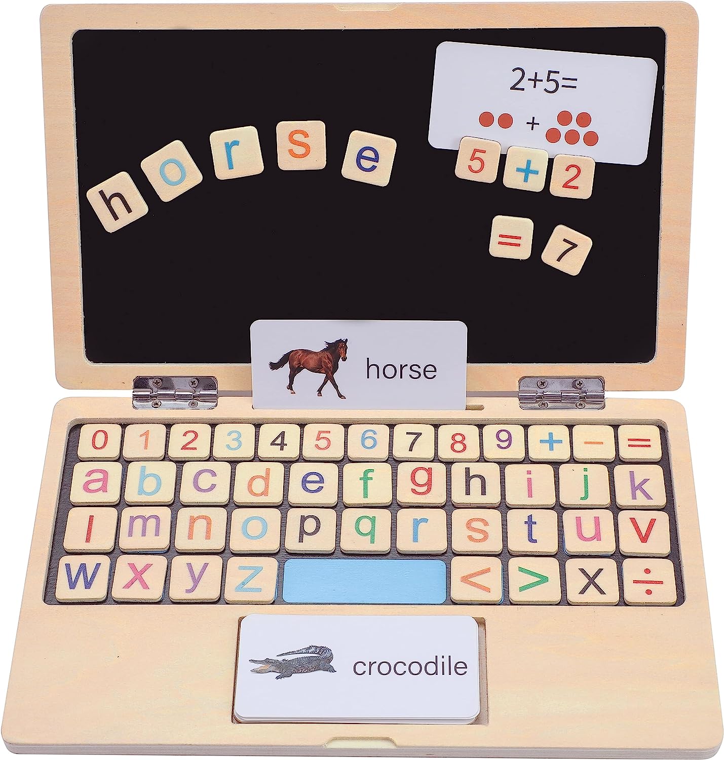 11.8" My First Laptop: Wooden Learning Toy with Magnetic Letters, Flashcards & Chalkboard - Montessori Toddler Toys - Educational Toy for Kids Ages 3