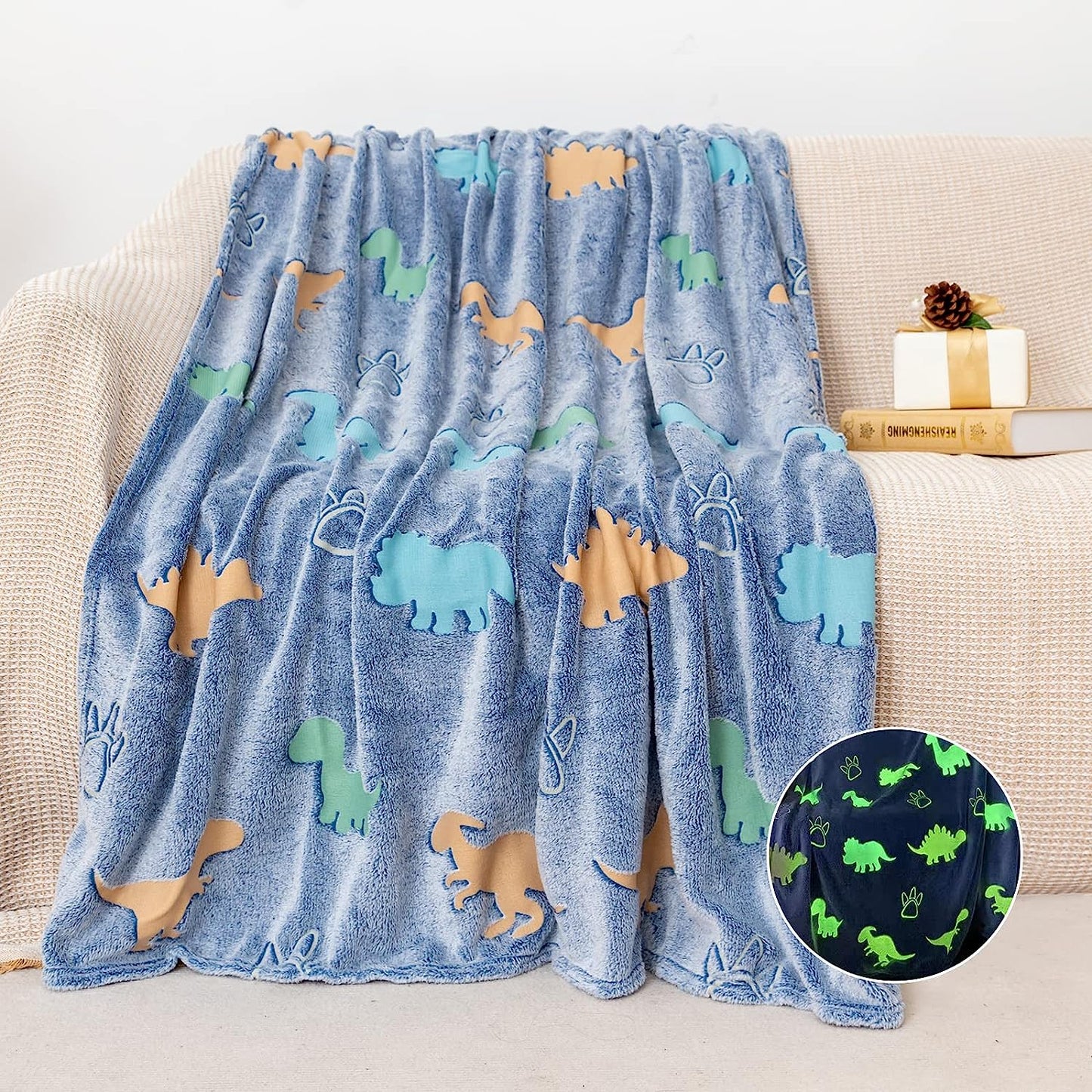 Glow in The Dark Throw Dinosaur Blanket Luminous Dino Party Blanket Gifts for 1-10 Year Old Boys Girls Super Soft Blanket for Kids Luminous Toys Christmas Thanksgiving Halloween Blanket Gift 60x50 in