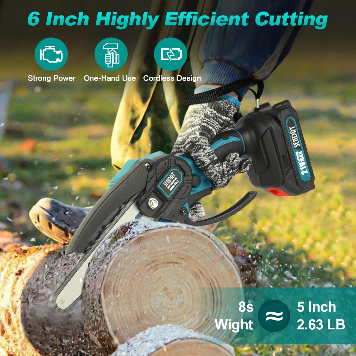 Mini Chainsaw 6-Inch, Powerful Cordless Rechargeable Handheld Small Electric Saw Powered by 2Pcs 21V 7500mAh Batteries for Wood Cutting, Tree Trimming, Branch Pruning, Gardening, Camping