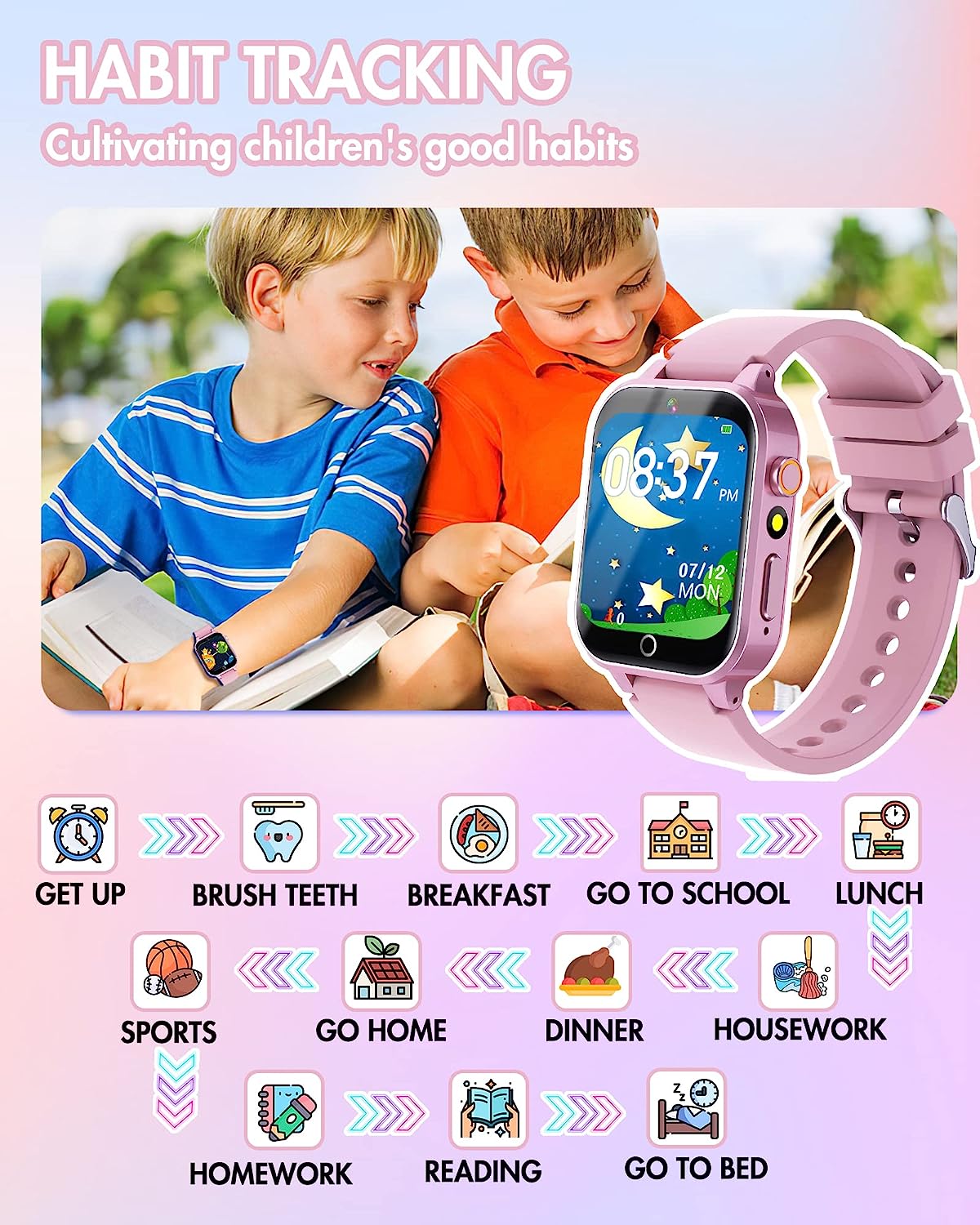 Smart Watch for Kids Gift for Girs Toys Age 6-8, Kids Watch for Girls Boys 8-10 with Video Camera Music Player Educational Birthday Gifts for 6 7 8 9 10 11 12 Year Old Boys (Pink)