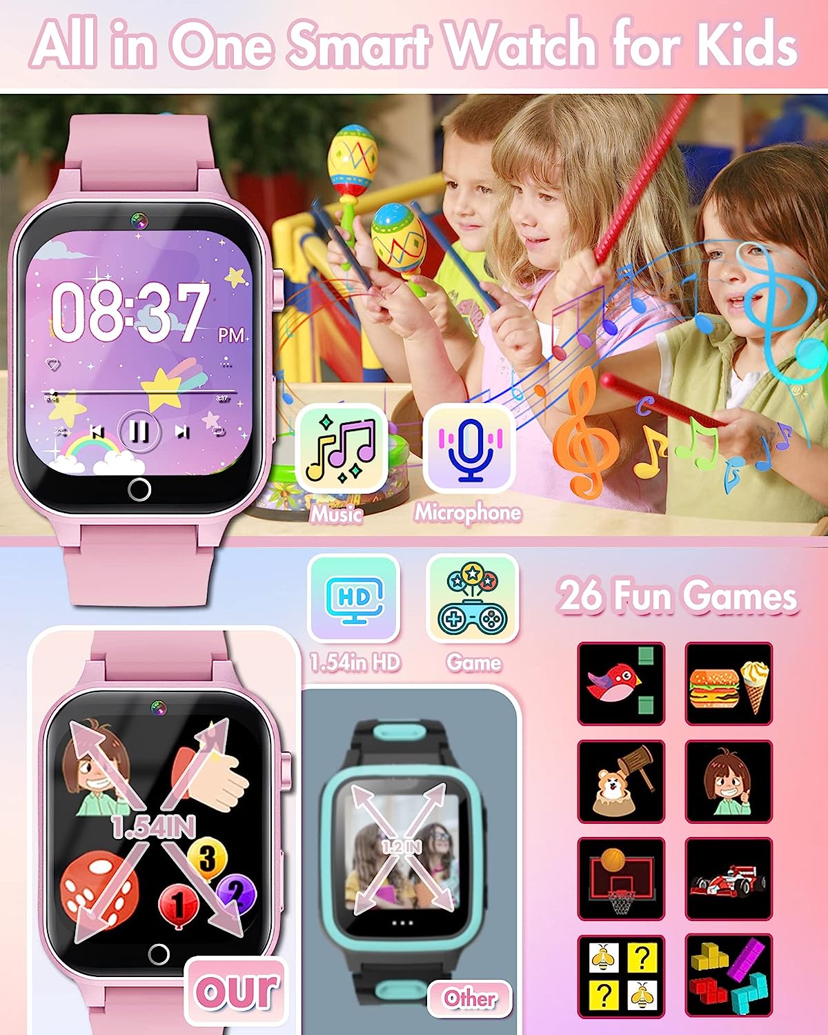 Smart Watch for Kids Gift for Girs Toys Age 6-8, Kids Watch for Girls Boys 8-10 with Video Camera Music Player Educational Birthday Gifts for 6 7 8 9 10 11 12 Year Old Boys (Pink)