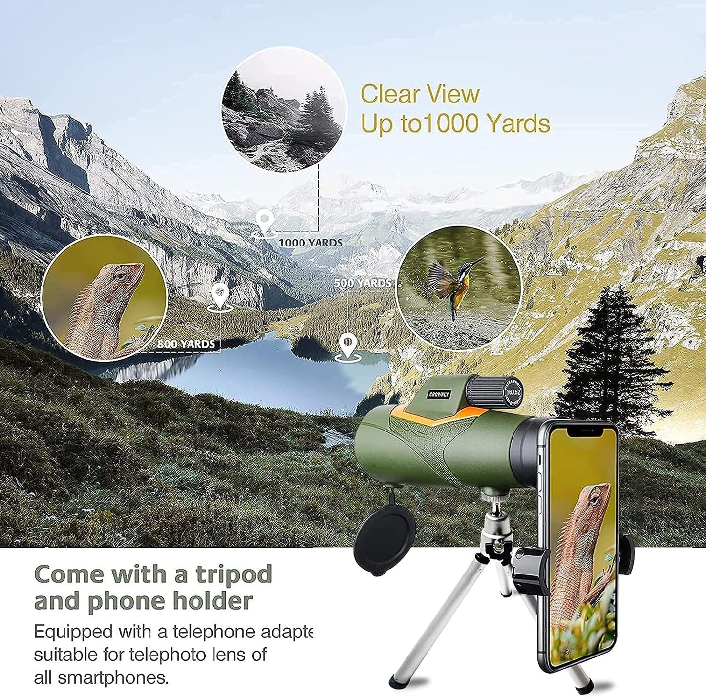 Monocular Telescope, 16X52 High Power Monocular with Smartphone Holder & Tripod, Night Vision Monocular for Adults Kids - BAK4 Prism Dual Focus for Bird Watching, Camping, Travelling