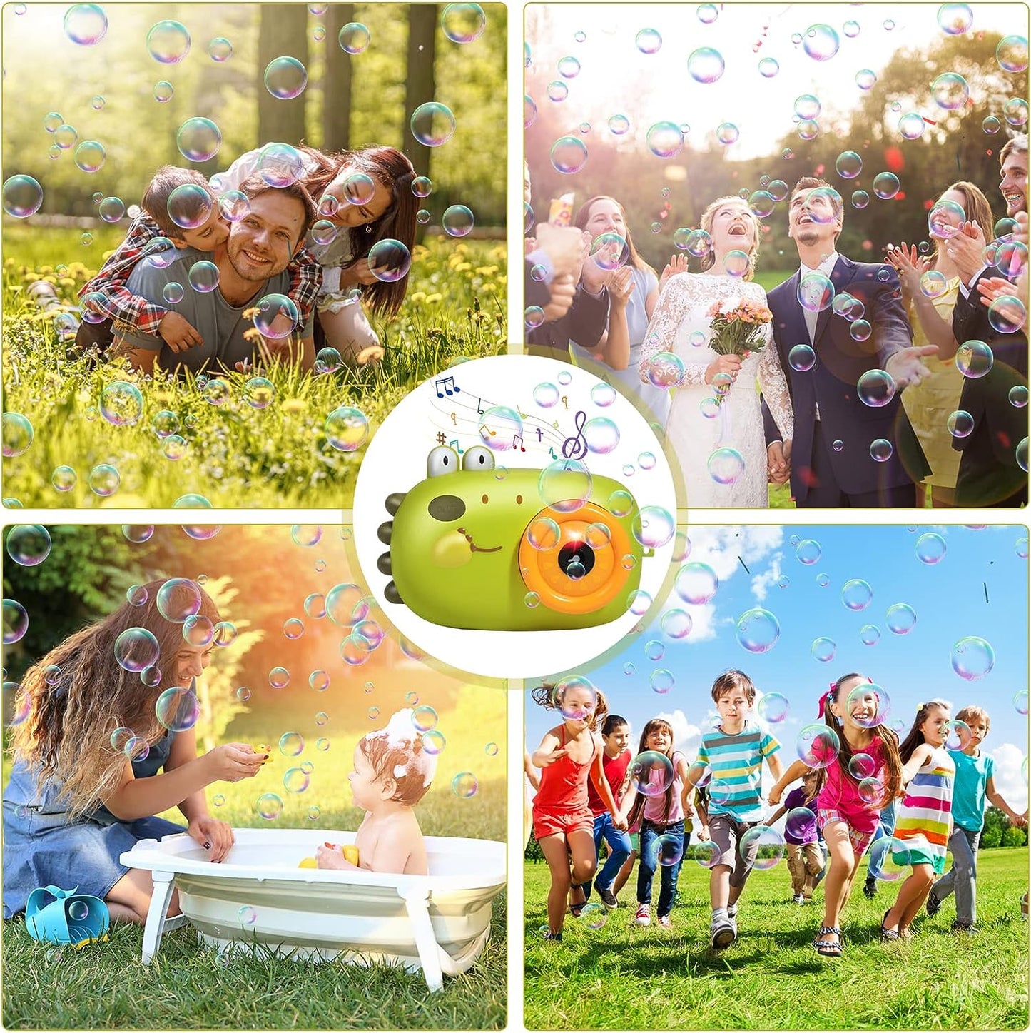 Bubble Machine Automatic Bubble Blower Toys for Kids, Portable Camera Bubble Maker with Bubble Solutions, Operated by Batteries w/Light & Music for Indoor Outdoor Wedding Birthday Party Gifts, Green