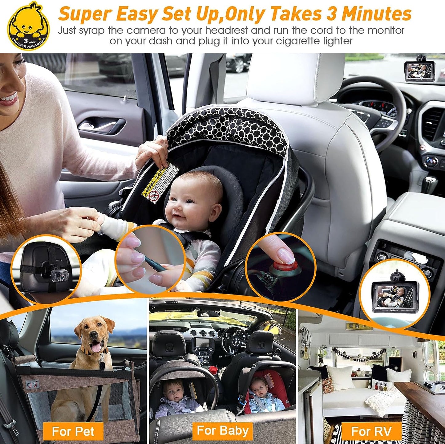 Baby Car Camera HD 1080P - 360° Rotating Rear Facing Car Baby Monitor with Camera Crystal Night Vision Backseat Camera 3 Mins Easy Installation V33