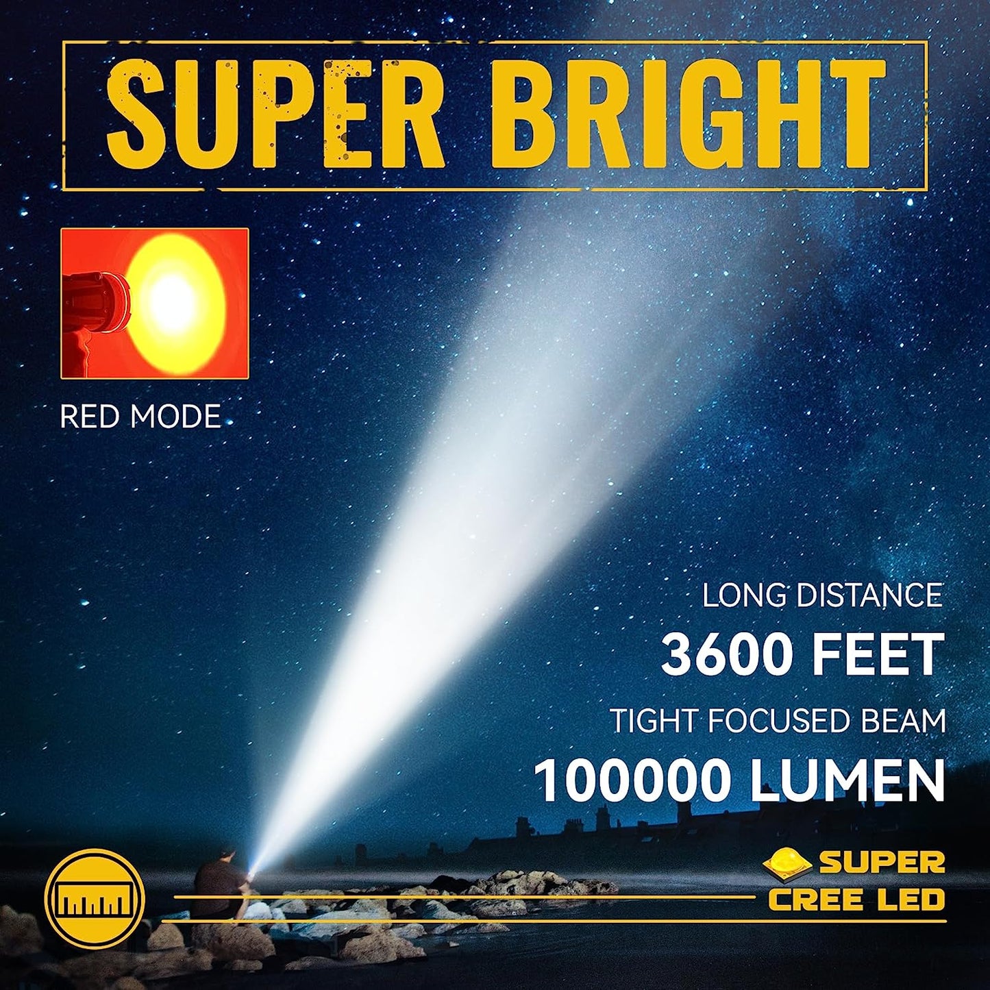 Rechargeable Spotlight, 100000 Lumen Super Bright LED Handheld Spotlight, IP68 Waterproof Spotlight Flashlight Portable for Marine Boat Camping Country Farm Gift