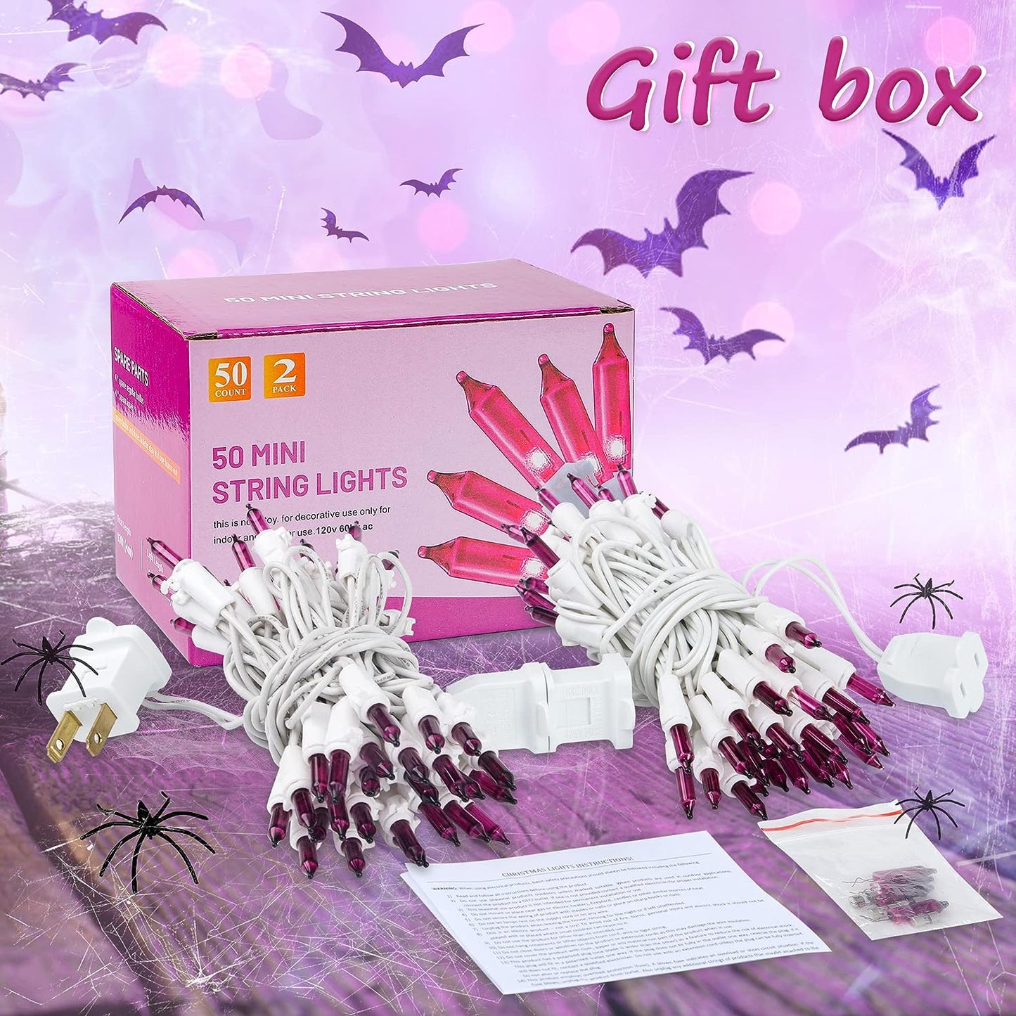 Christmas String Lights,2Pack 50Count 13Feet Incandescent Bulb Mini Lights Set with White Wire for Indoor Outdoor Halloween Valentine's Day Garden Party Xmas Tree Lights Decor,Pink Purple