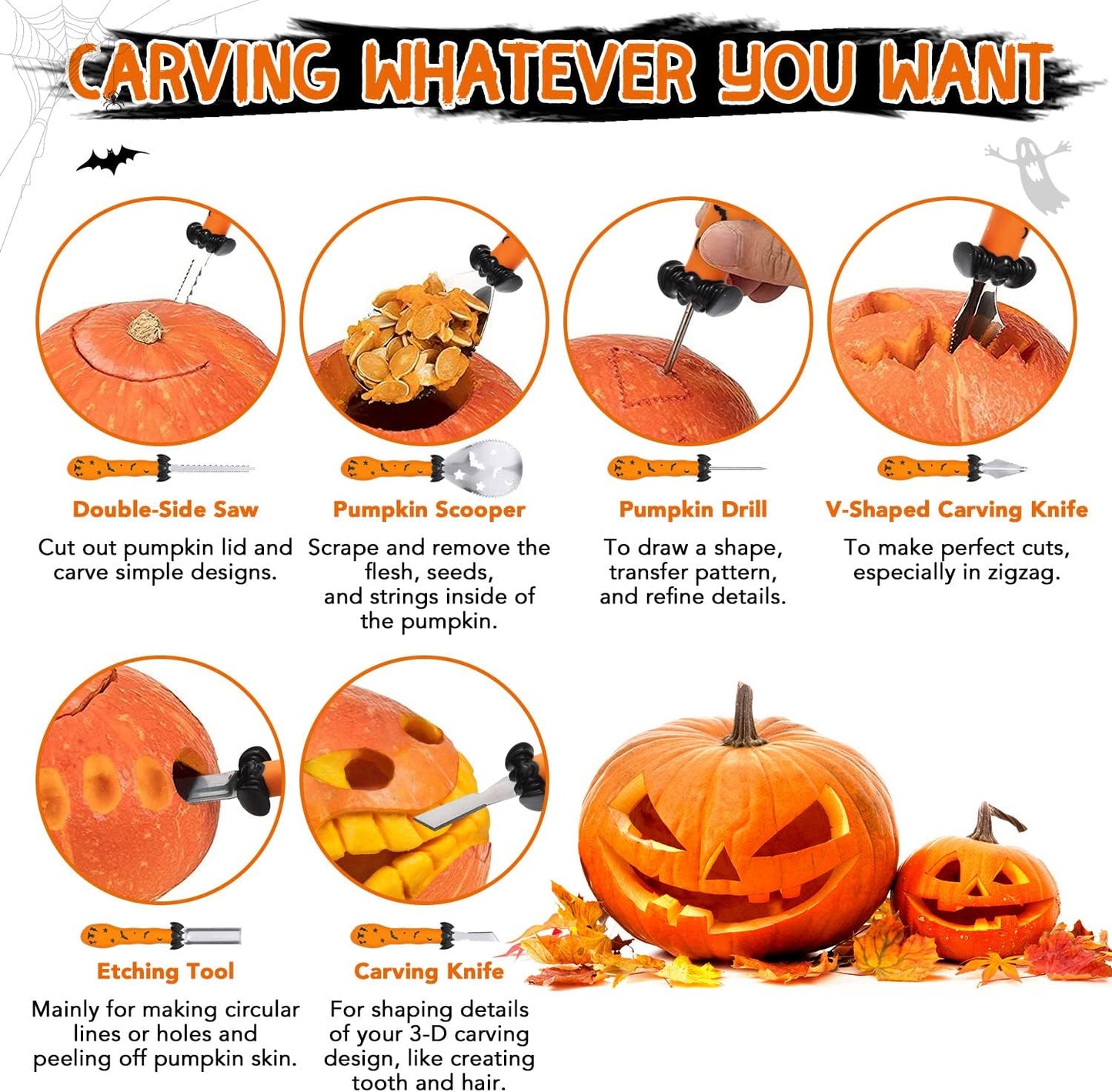 Halloween Pumpkin Carving Kit, Heavy Duty Stainless Steel Pumpkin Carving Tools Set, 6 PCS Professional Pumpkin Cutting Carving Stencils for Adults & Kids for Halloween Decoration Jack-O-Lantern