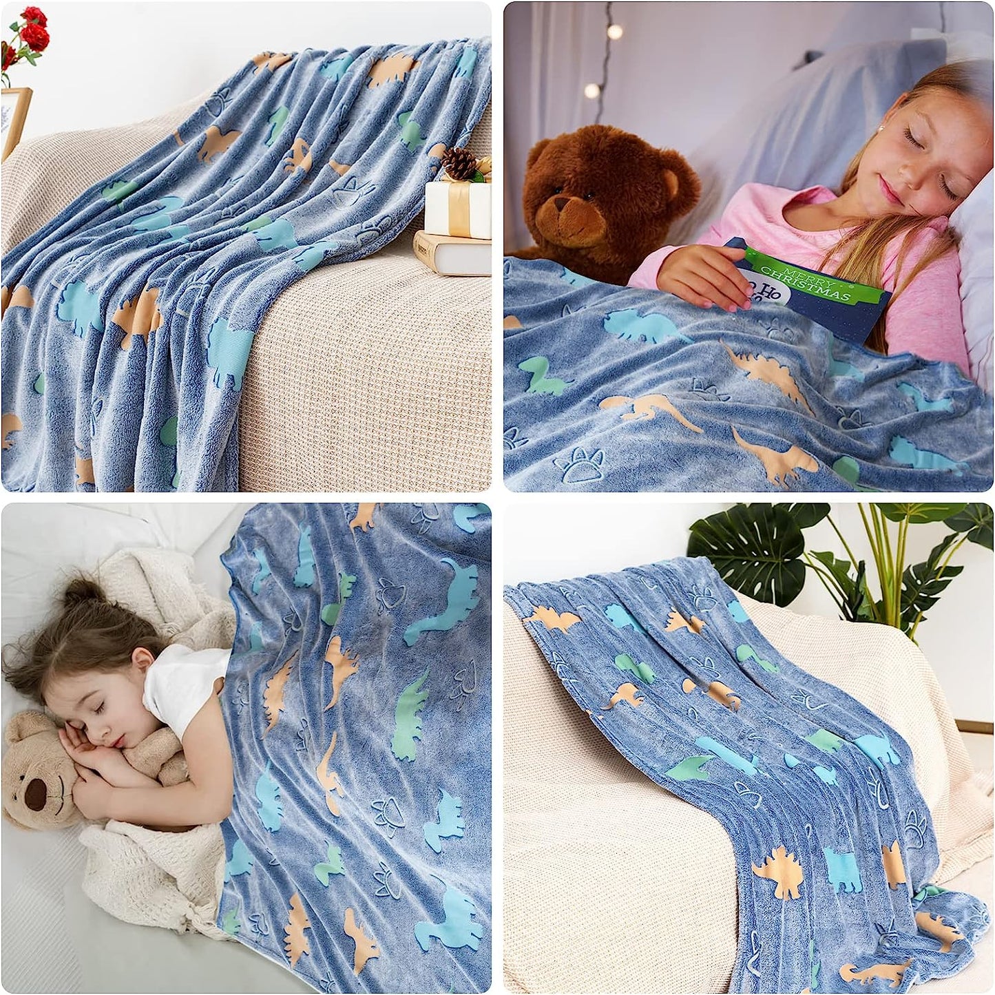 Glow in The Dark Throw Dinosaur Blanket Luminous Dino Party Blanket Gifts for 1-10 Year Old Boys Girls Super Soft Blanket for Kids Luminous Toys Christmas Thanksgiving Halloween Blanket Gift 60x50 in