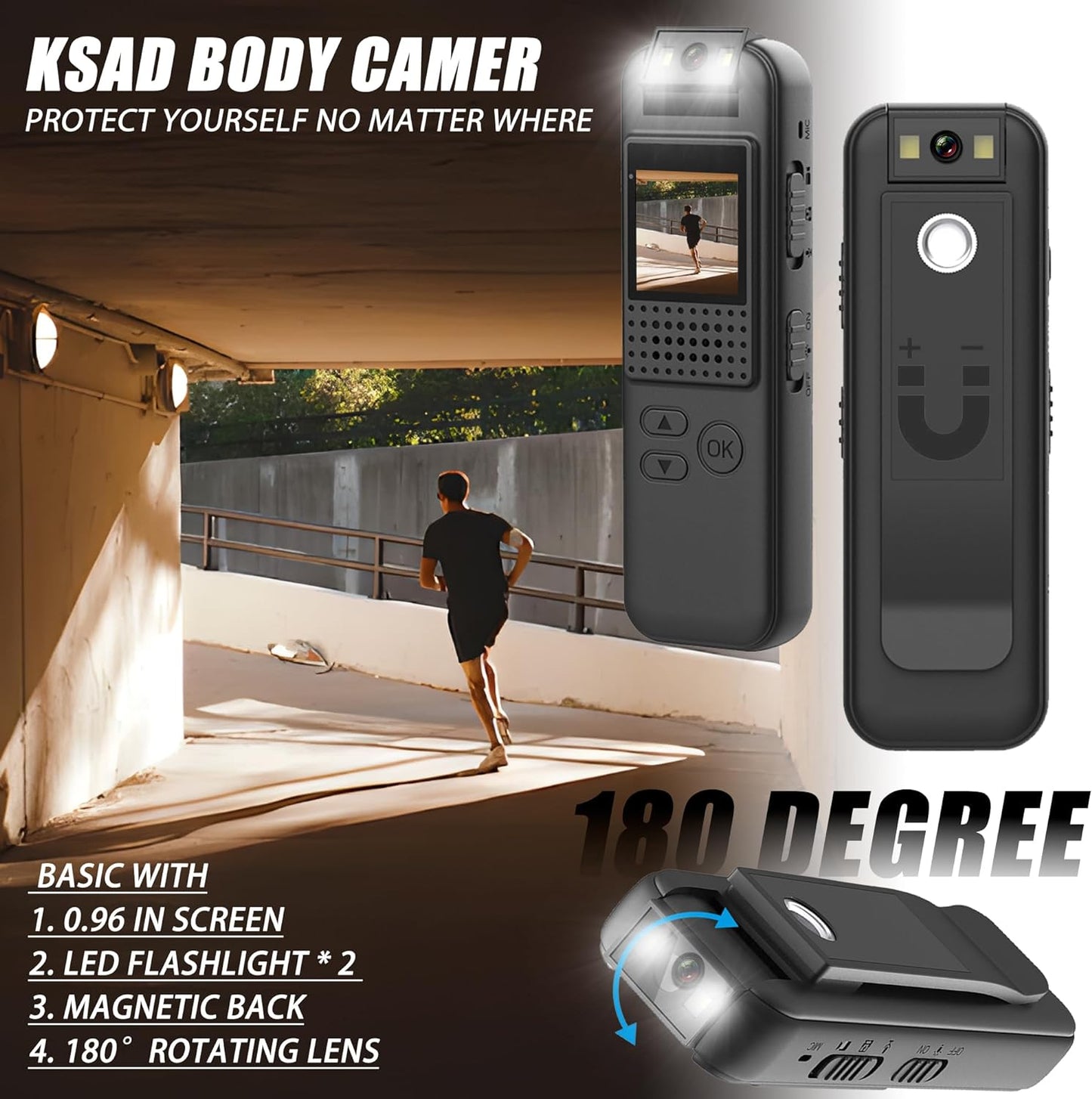 Body Camera with 1080P Recording 0.9in Screen & 180° Rotating Lens Built-in Magnetic/32GB Card with Night Vision, 3 HR Battery Life Wearable Police Cam for Home/Outdoor/Law Enforcement/Security Guard