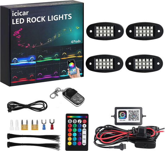 Rock Lights, 60 LEDs 16 Million Colors App Control 4 Keys Chain Remote Music Sync IP68 Waterproof RGB LED Rock Lights Kit (4 Pods)