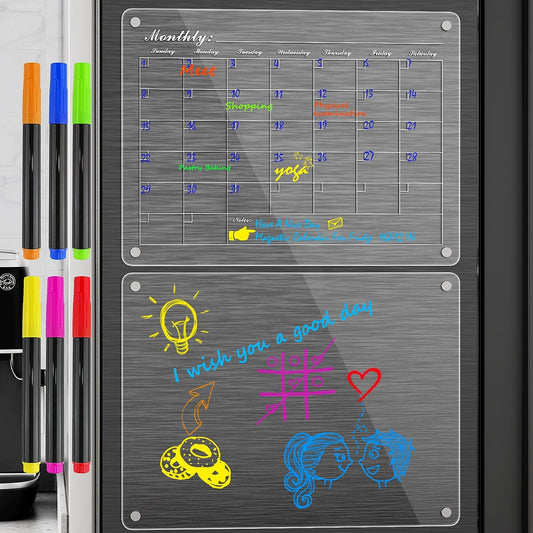 Magnetic Calendar for Fridge 2 Set, Acrylic Magnetic Dry Erase Board for Fridge Clear 16''x12'', Fridge Calendar for Reusable Planner (Calendar+Weekly Planner),6 Wet Erase Markers with 6 Color, 1 Rag