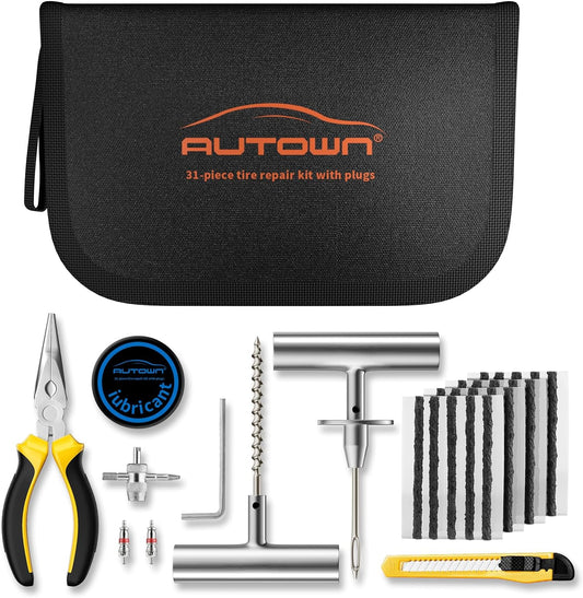 Flat Tire Repair Kit with Plugs 31 Pcs for Car, Motorcycle, ATV, Jeep, Truck, Tractor Flat Tire Puncture Repair…