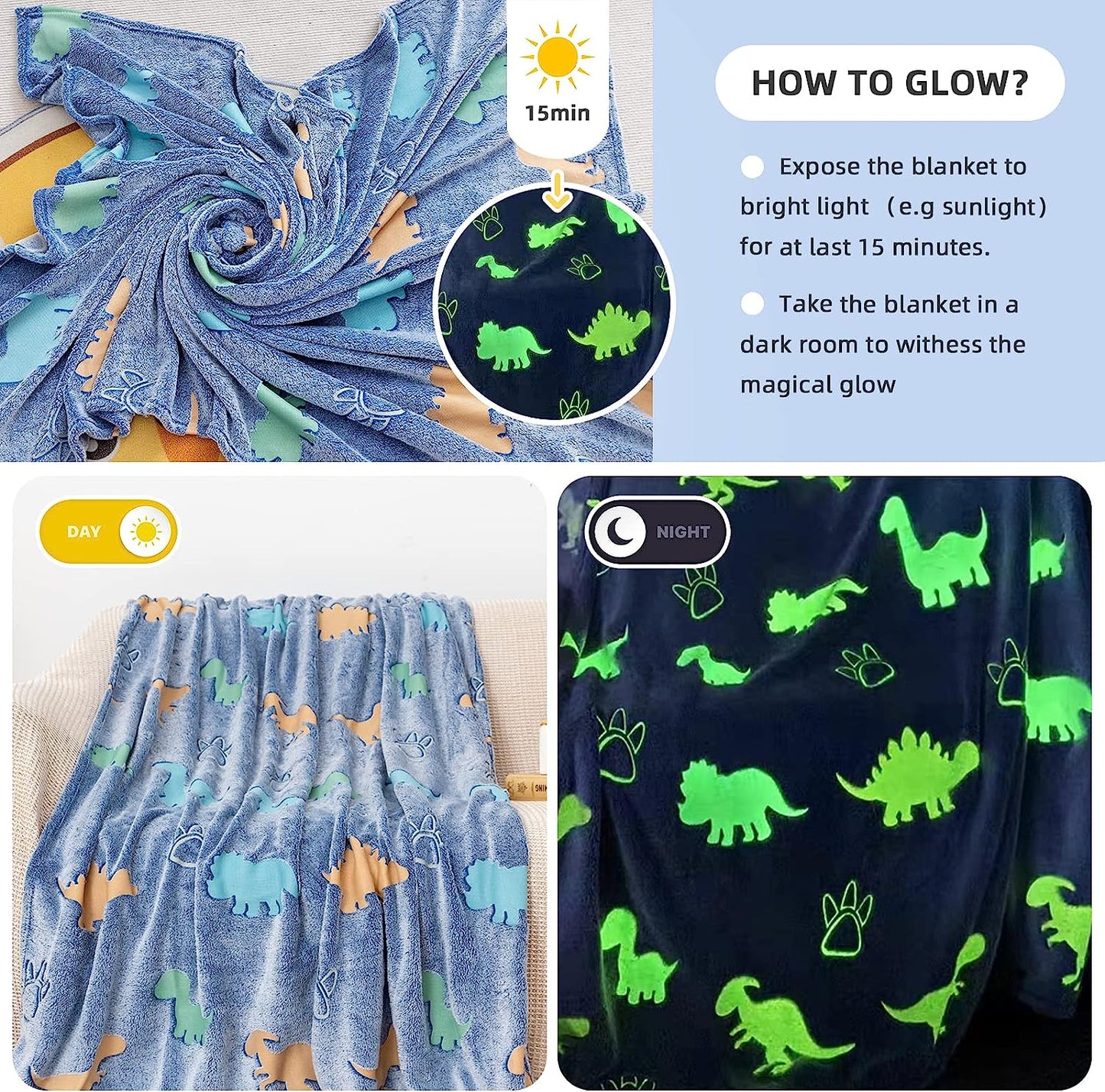 Glow in The Dark Throw Dinosaur Blanket Luminous Dino Party Blanket Gifts for 1-10 Year Old Boys Girls Super Soft Blanket for Kids Luminous Toys Christmas Thanksgiving Halloween Blanket Gift 60x50 in