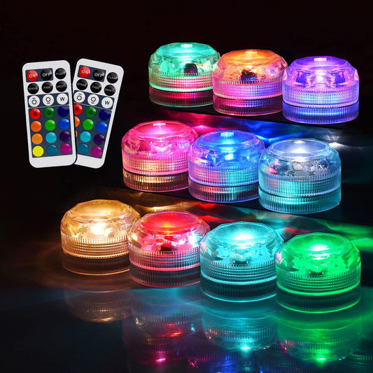 Mini Submersible Led Lights with Remote, Multicolor Underwater Tea Lights Candles, Waterproof Submersible Tea Lights Battery Operated Submersible Pool Lights for Wedding Vase Festival Party, 10pcs