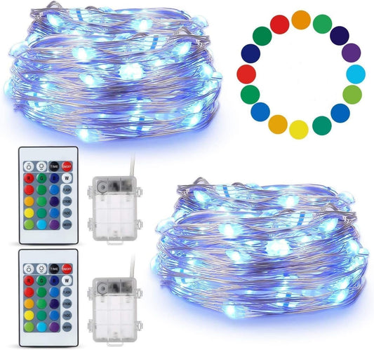 2 Pack Fairy String Lights,50 LED Fairy Lights Battery Operated Multicolor Changing Twinkle Lights with Remote,16.4Ft Silvery Copper Wire Firefly Lights for Party Wedding Christmas Décor