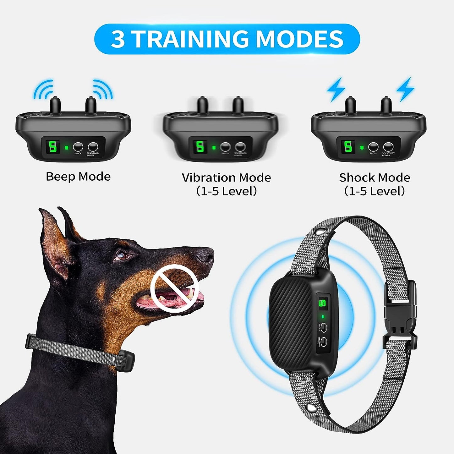 Bark Collar, Rechargeable Dog Bark Collar, IP67 Waterproof, 5 Sensitivity and Intensity Adjustment, Suitable for Large, Medium, Small Dogs Anti-Barking Device