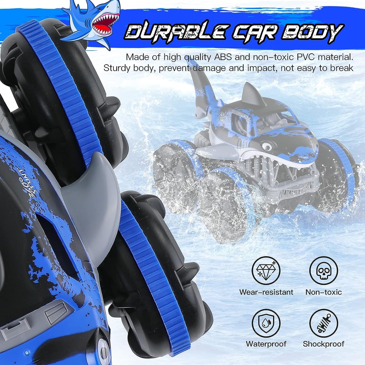 Amphibious RC Car, 2.4GHz High Speed Water Work, Shark Monster RC Drift Car Truck, Waterproof Toy Car, for Pool Beaches and Lakes, Gifts for Children and Adults 3+ Years Old Blue