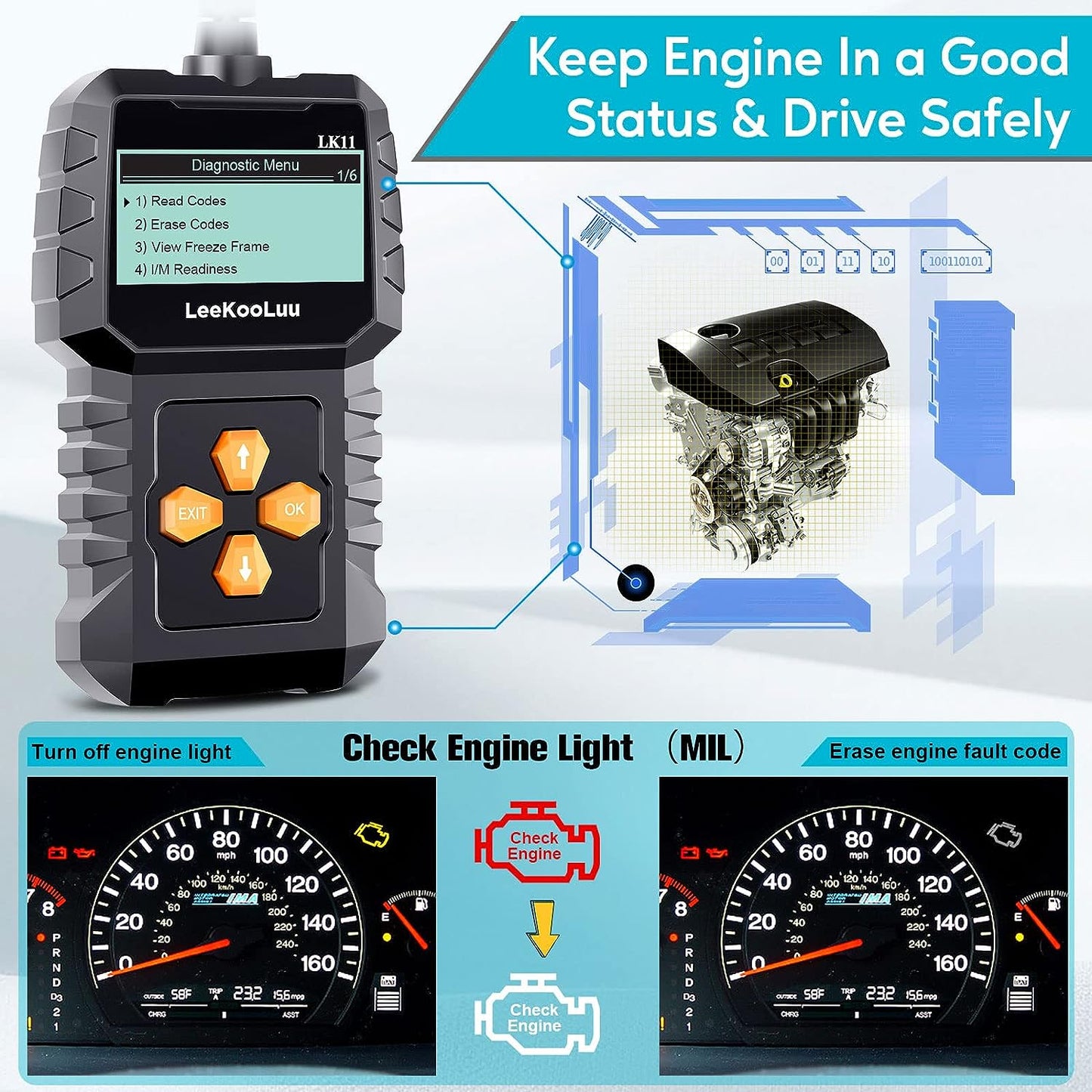 OBD2 Scanner Clear Reset Engine Alert Code - Easy to Set-up Use Professional Code Reader Scan Tool for All OBD II Protocol Cars Since 1996 with Freeze Frame/I/M Readiness Diagnostic -LeeKooLuu LK11