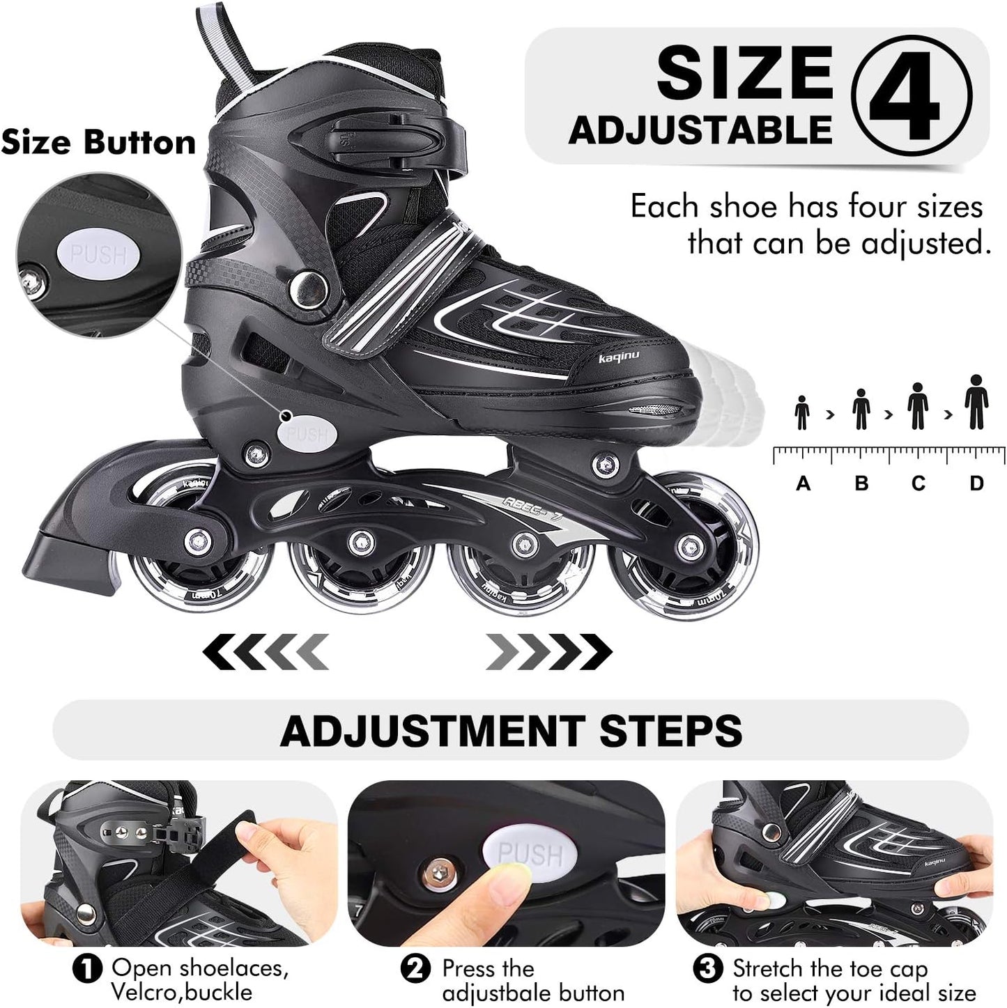 Adjustable Inline Skates, Outdoor Inline Skates Women, Girls and Boys size 4-7