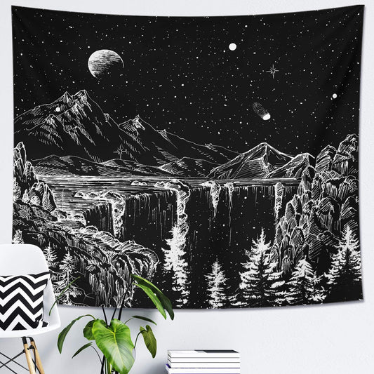 Starry Night Tapestry Mountain Tapestry Moon Stars Nature Tapestry Black and White Aesthetic Tapestry for Bedroom Living Room 59x51 Inch