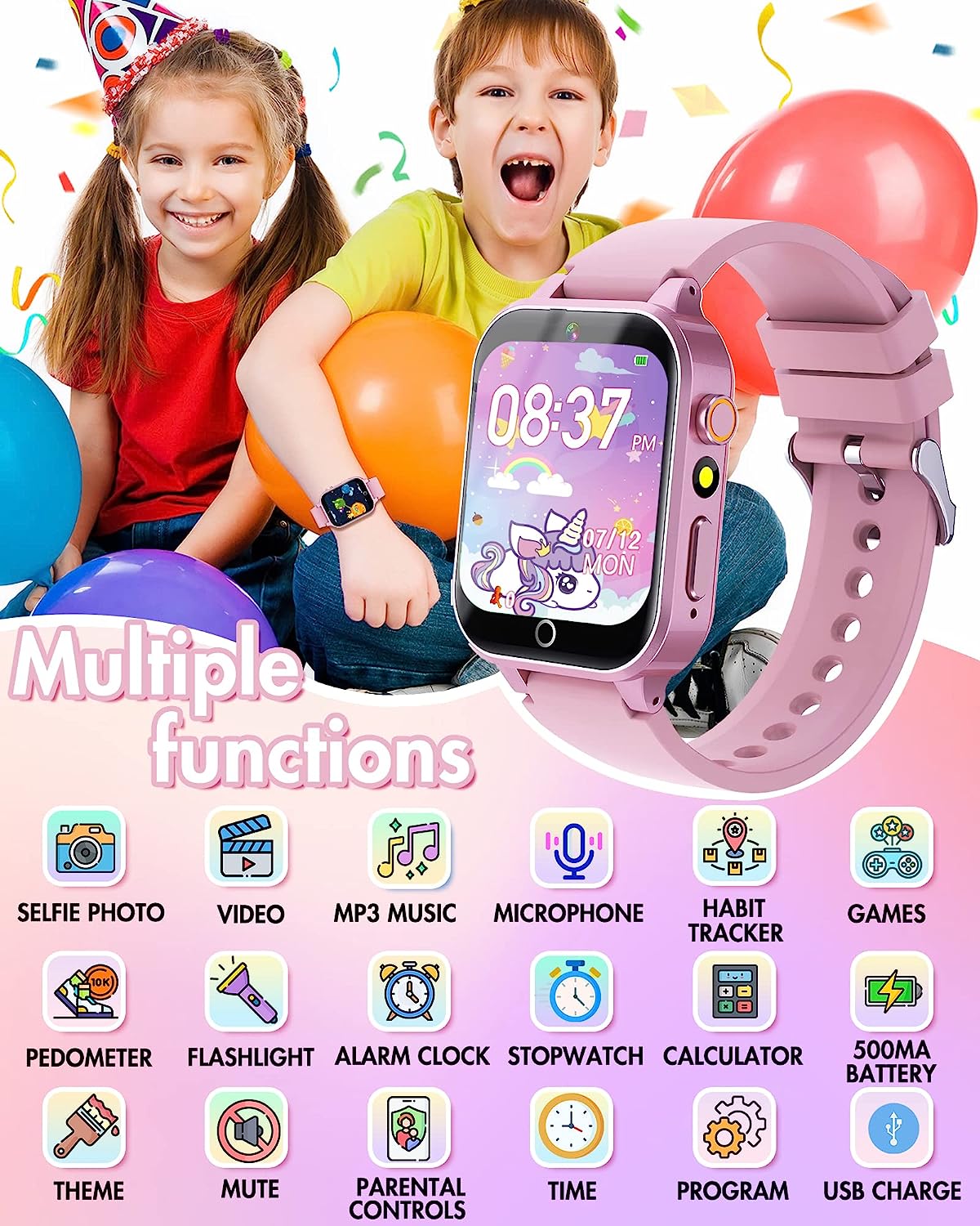 Smart Watch for Kids Gift for Girs Toys Age 6-8, Kids Watch for Girls Boys 8-10 with Video Camera Music Player Educational Birthday Gifts for 6 7 8 9 10 11 12 Year Old Boys (Pink)