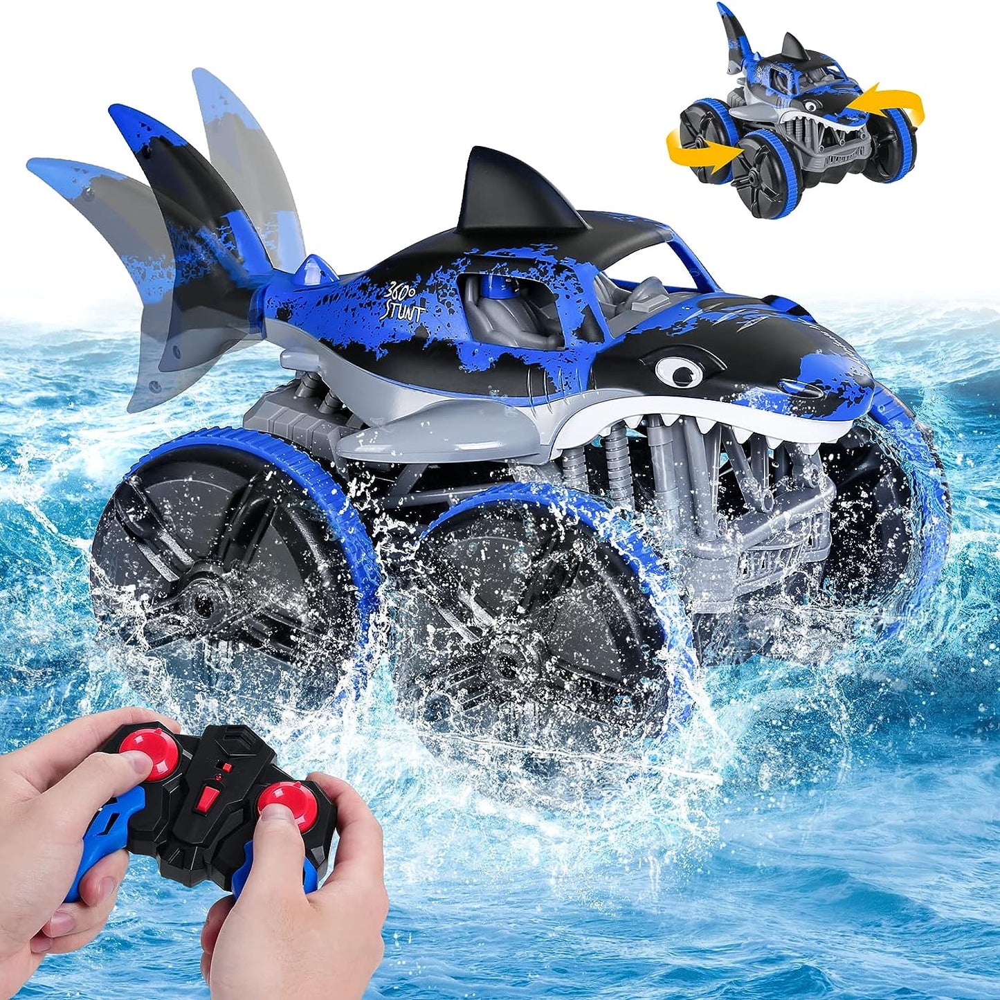 Amphibious RC Car, 2.4GHz High Speed Water Work, Shark Monster RC Drift Car Truck, Waterproof Toy Car, for Pool Beaches and Lakes, Gifts for Children and Adults 3+ Years Old Blue