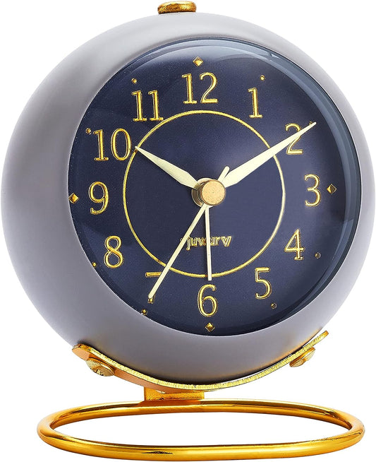 Metal Desk Alarm Clock, Retro Bedroom Table Vintage Analog, Silent Non-Ticking Gold Alarm Clock, Bedside Décor(Sinor Gray)