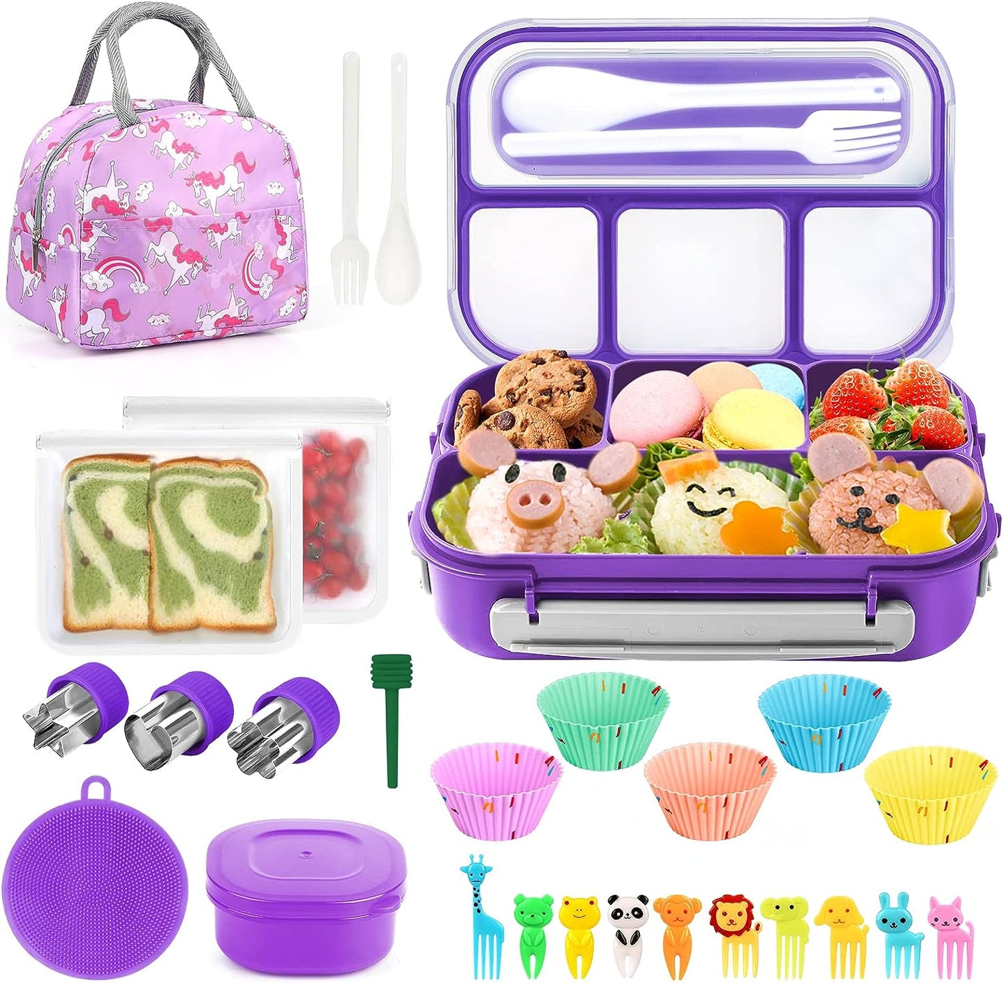 27Pcs Bento Box Lunch Box Kit Purple, 1300ML Lunch Container for Kids/Adults, Durable Leak-proof Box 4 Compartments with Spoon Fork Bag Accessories, Microwave Dishwasher Freezer Safe,BPA-Free