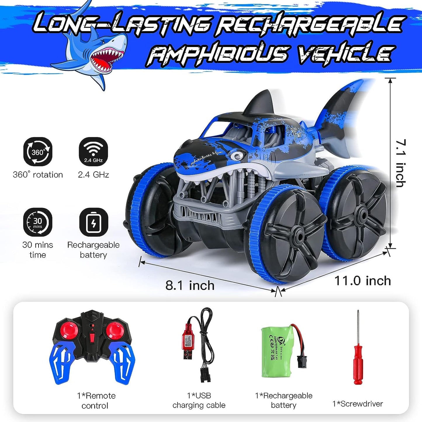 Amphibious RC Car, 2.4GHz High Speed Water Work, Shark Monster RC Drift Car Truck, Waterproof Toy Car, for Pool Beaches and Lakes, Gifts for Children and Adults 3+ Years Old Blue