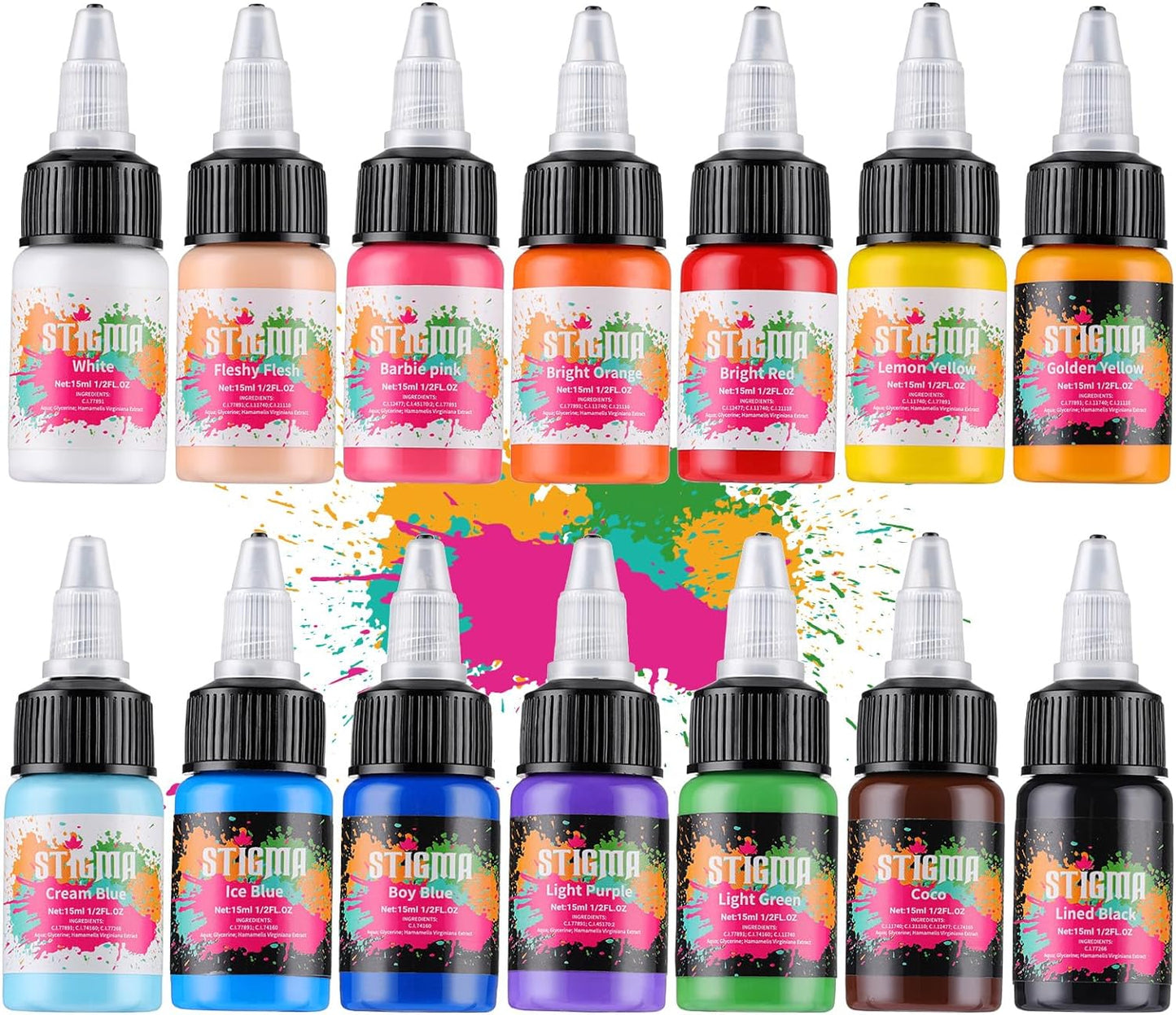 14Pcs Tattoo Ink Color Set 14 Colors Ink Set 1/2 OZ(15ml) per Bottle Tattoo Pigments Colors for Tattoo Supply TI4303-15-14