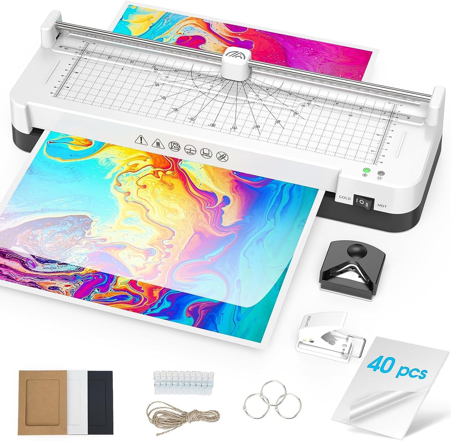 Laminator 13-inch A3 Laminator Machine with 40pcs Laminating Sheets, 9 in-1 Desktop Thermal Laminator Machine 11 X17 Built-in Paper Trimmer Corner Rounder Hole Punch for Home Office School